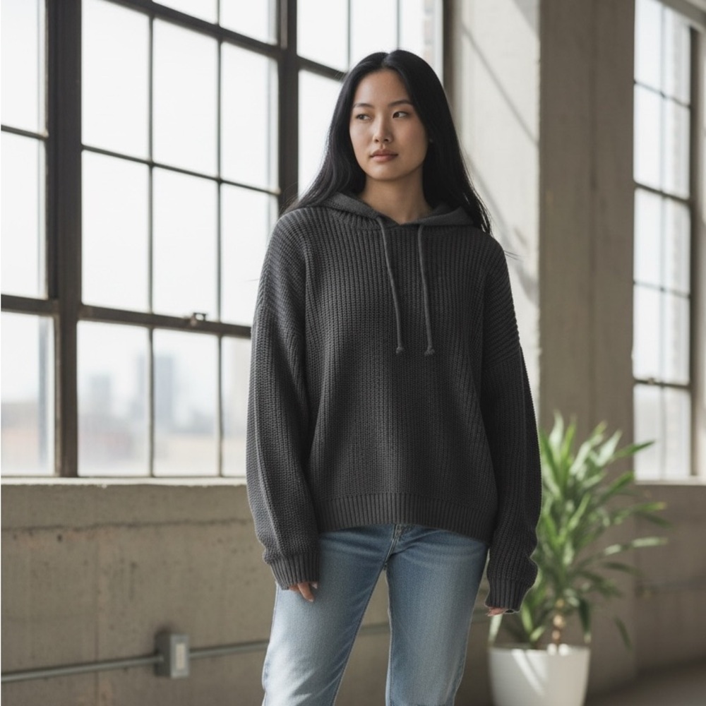Aerie OFFLINE Oversized Hooded Ribbed Knit Sweater Smoked Gray Women’s Medium